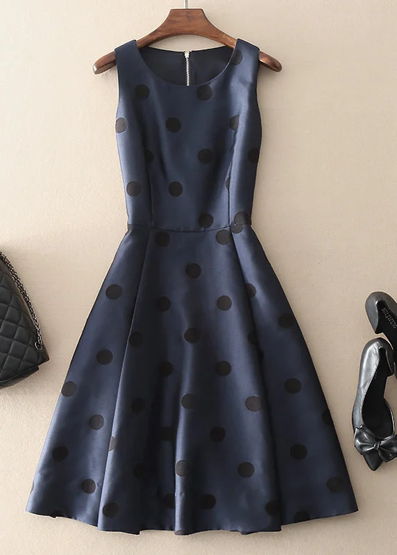 Women's Vacation Outfit Simple Navy Zip Up Dot Long Dresses Sleeveless