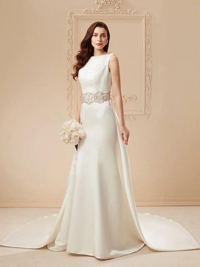Sales Clothes Wedding Dresses Cathedral  Trumpet Regular Straps Bateau Neck Satin With Beading