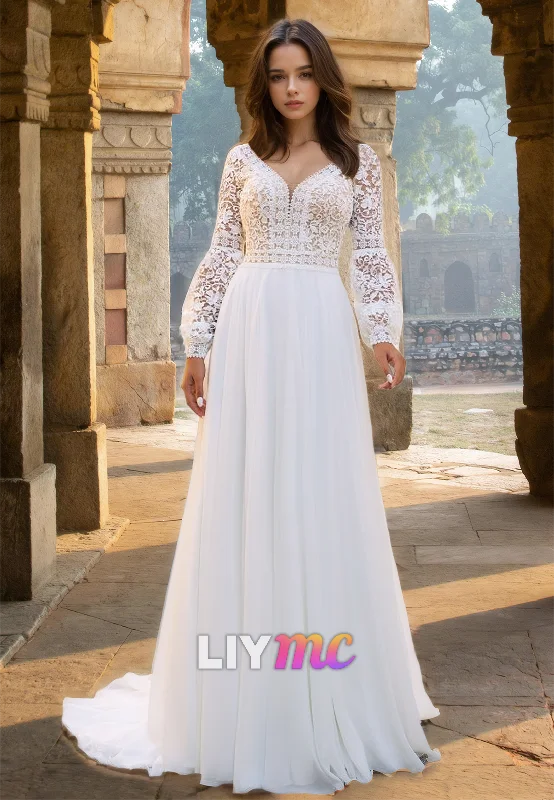 Women's Contemporary Clothing V-Neck Long Sleeves Lace Appliques Chiffon A-Line Wedding Dress