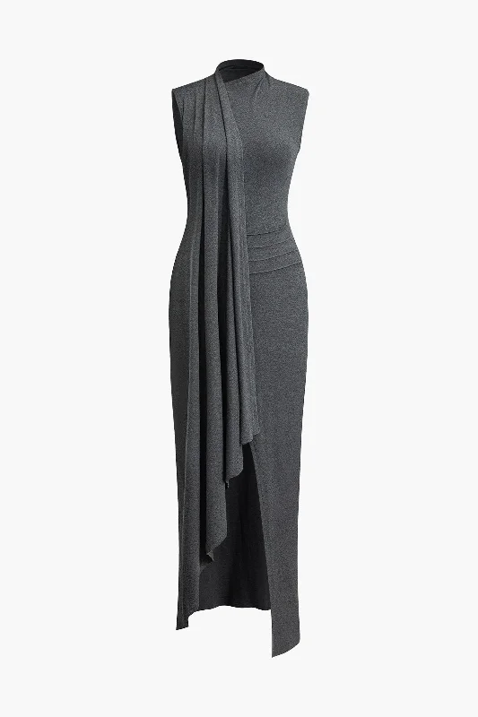 Sustainable Fashion Clothing For Women Wrap Slit Mock Charming Neck Sleeveless Maxi Dress