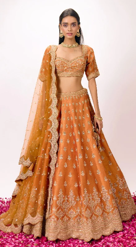 Women's Plus-Size Clothes Orange Silk Embroidered Lehenga Set