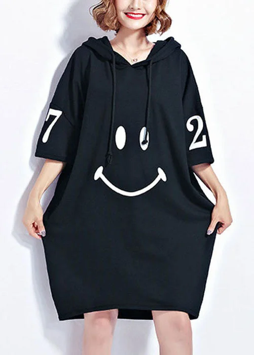 Women's Stylish Outdoor Outfit Fashion Black Hooded Smile Print Cotton Maxi Dresses Short Sleeve