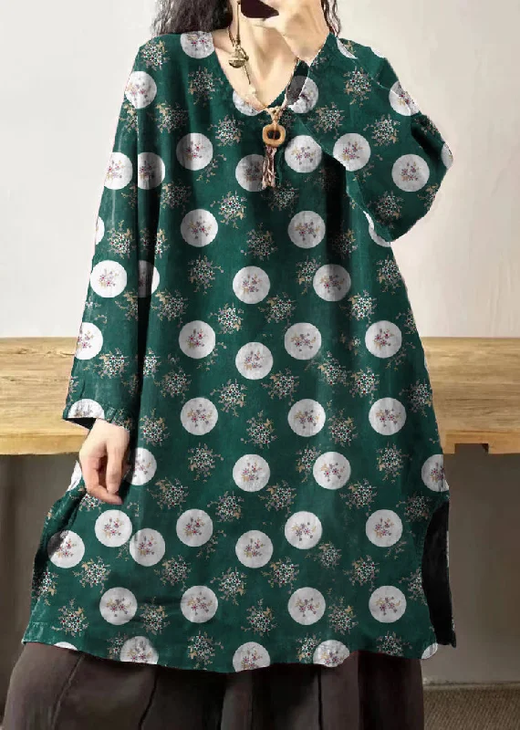 Women's Seasonal Garments Vintage green polka dots V Neck Embroidered Patchwork Linen Mid Dresses Fall