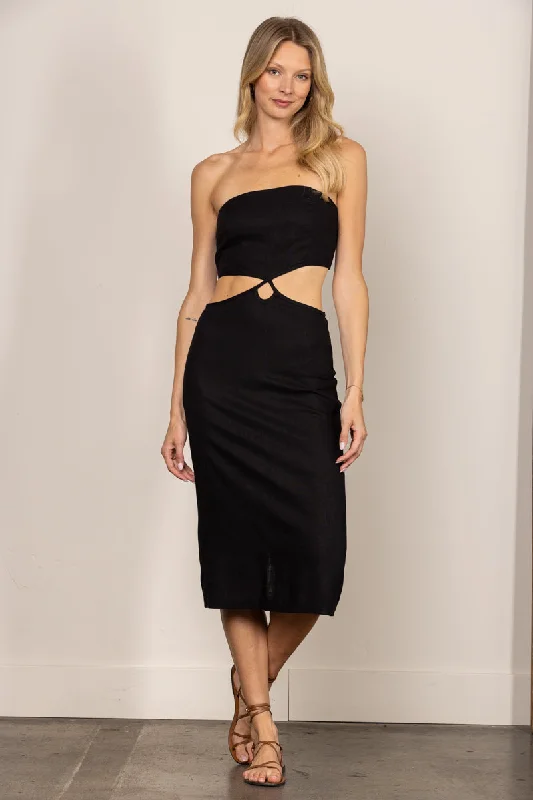 Trendsetter's Closet BLACK LINEN TUBE CUT-OUT WAIST PENCIL MIDI DRESS D3110