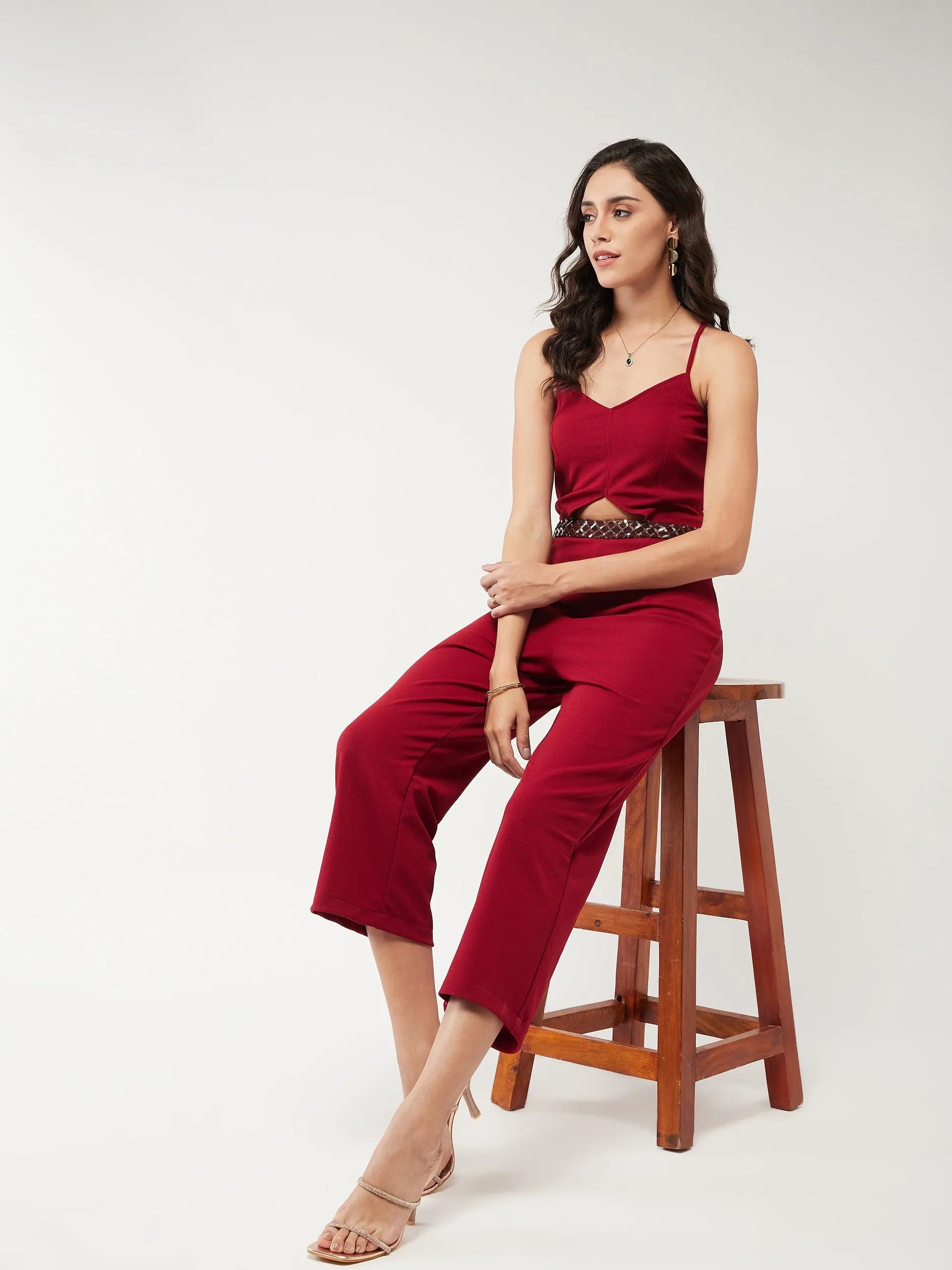 Women's Clothes For Work Events Solid Strappy Sequin Detail Jumpsuit