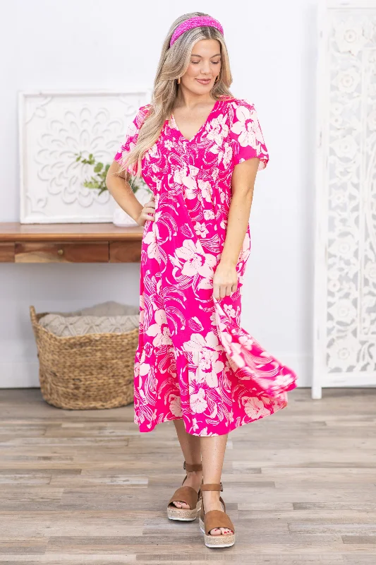 Affordable Women's Attire Pink Floral Print V-Neck Midi Dress