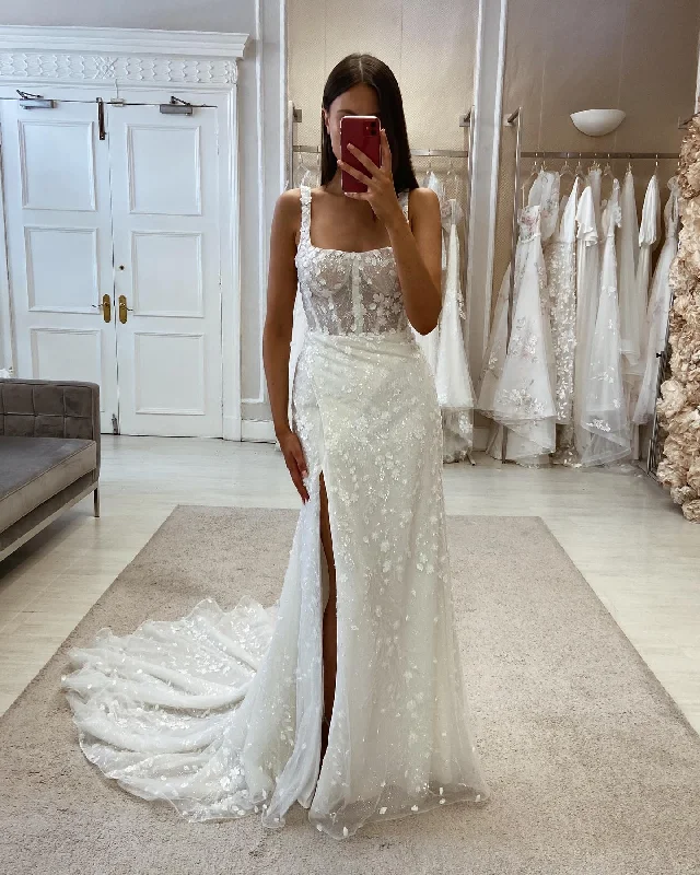 Women's Resort Attire Glitter Lace Mermaid Wedding Dresses Square Collar Bodycon Sparkly Flowers Bridal Gowns Side Slit Backless Party Gowns