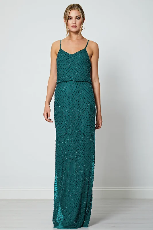 Vintage-Inspired Garments Cami Sequin Stripe Embellished Maxi Dress in Emerald Green