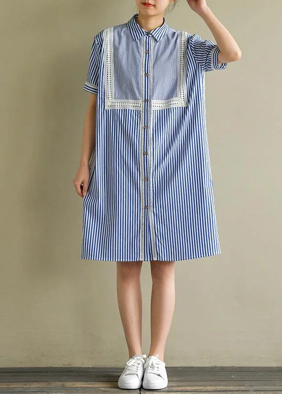 Women's Active Outfit For Fitness Natural blue striped Cotton for women lapel lantern sleeve cotton summer Dress