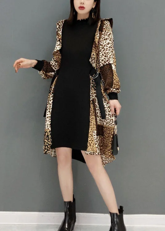 Women's Clothes For Work Events Boho Leopard print tie waist Patchwork Chiffon Dresses Spring