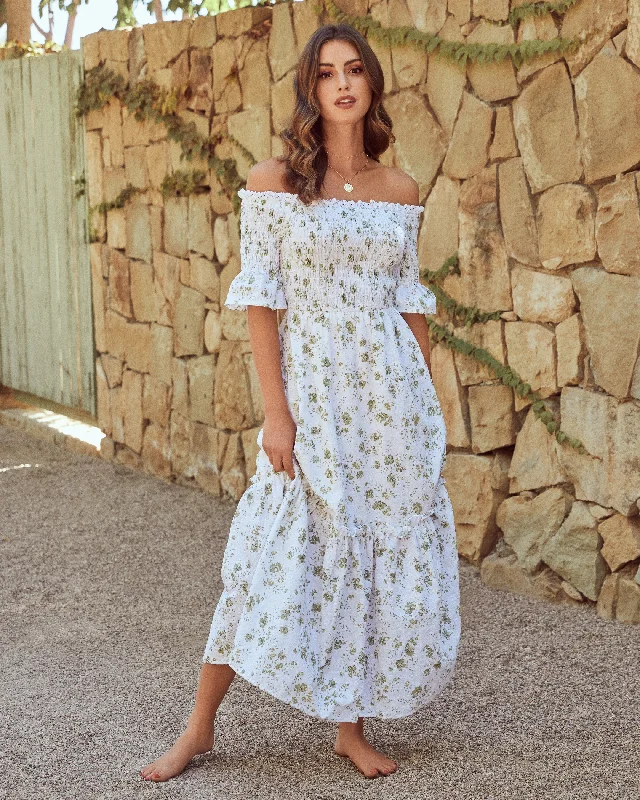 Women's Casual Wear Clothing Dasha Cotton Floral Off The Shoulder Maxi Dress - Sage - FINAL SALE