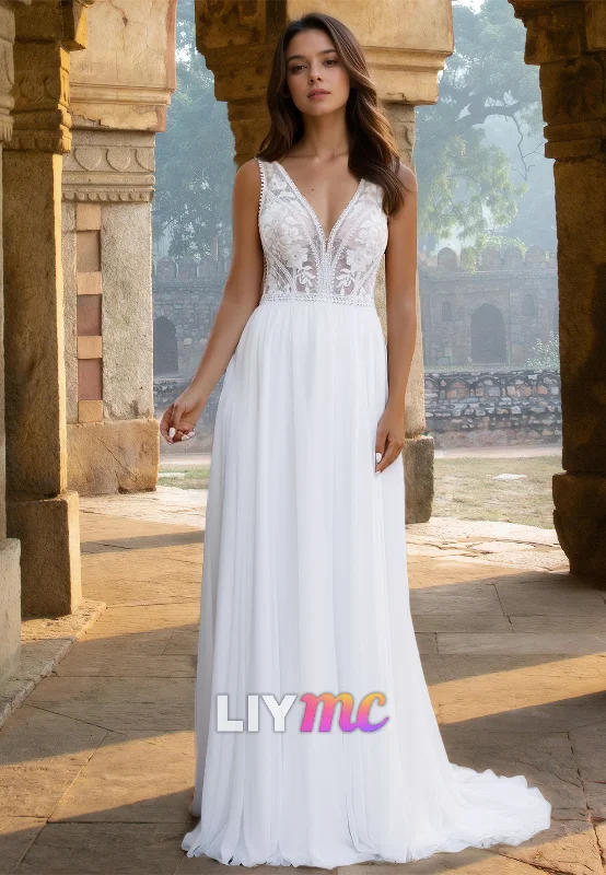 Elegant Clothing For Women V-Neck Sleeveless Appliques Chiffon A-Line Beach Wedding Dress