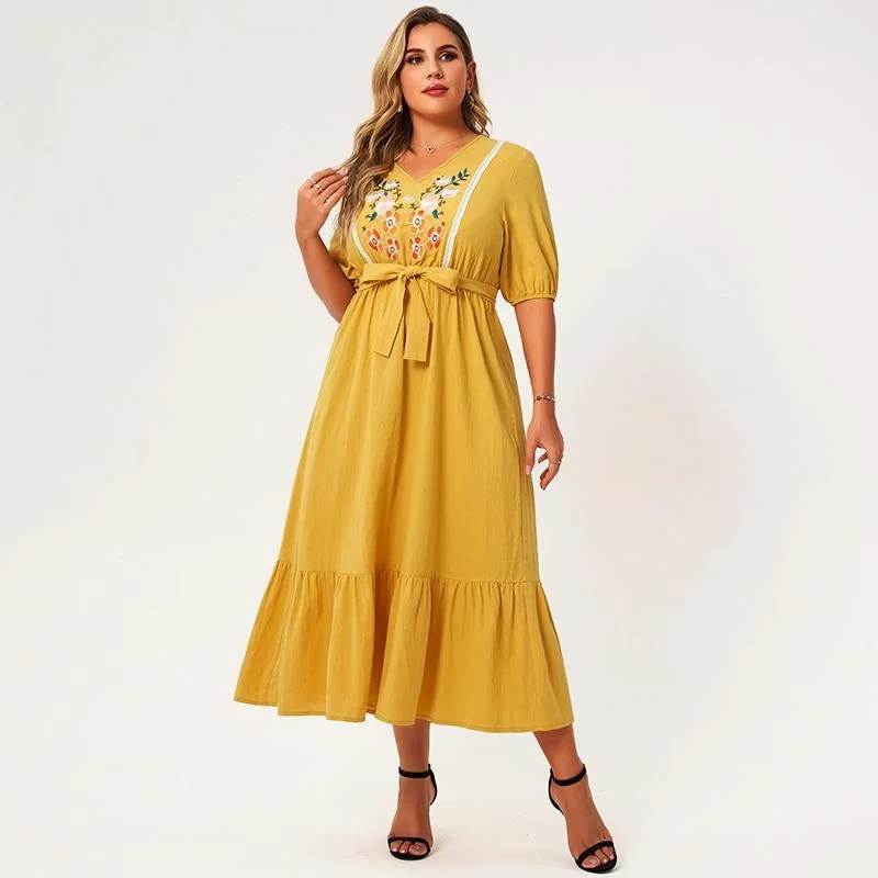 Limited Stock, Big Discounts FashionSierra - New Summer Midi Dress Women Plus Size Yellow Loose Floral Embroidery Sashes Lace Ruffle Hem Half Sleeve Large Elegant Robes Limited Stock, Big Discounts FashionSierra - New Summer Midi Dress Women Plus Size Yellow Loose Floral Embroidery Sashes Lace Ruffle Hem Half Sleeve Large Elegant Robes