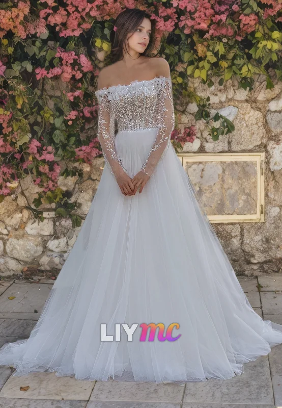 Women's Trendy Activewear Apparel Off-Shoulder Long Sleeves Appliques Tulle A-Line Wedding Dress