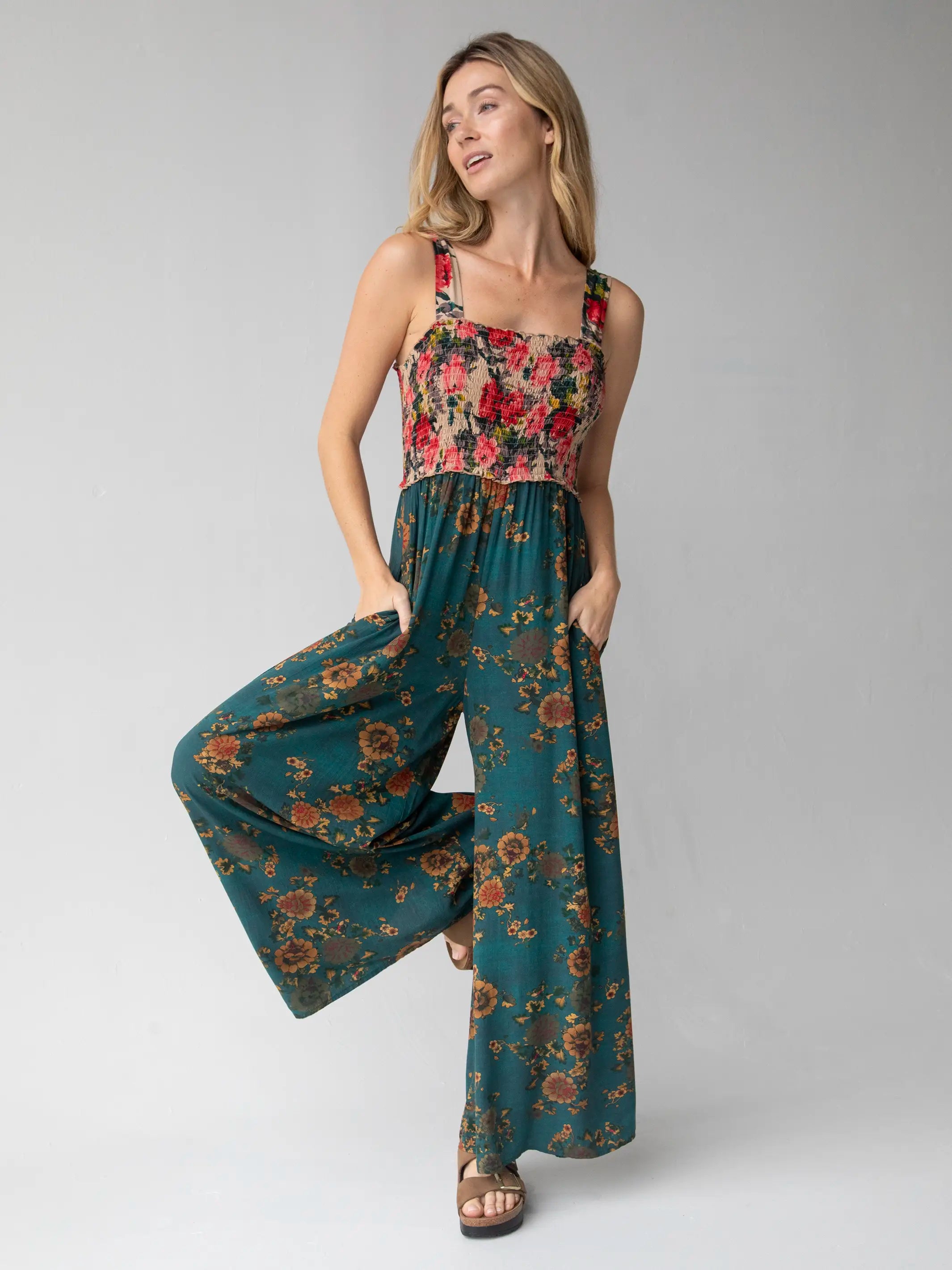 Extreme Clearance Deals Sedona Jumpsuit - Tan Teal Mixed Floral