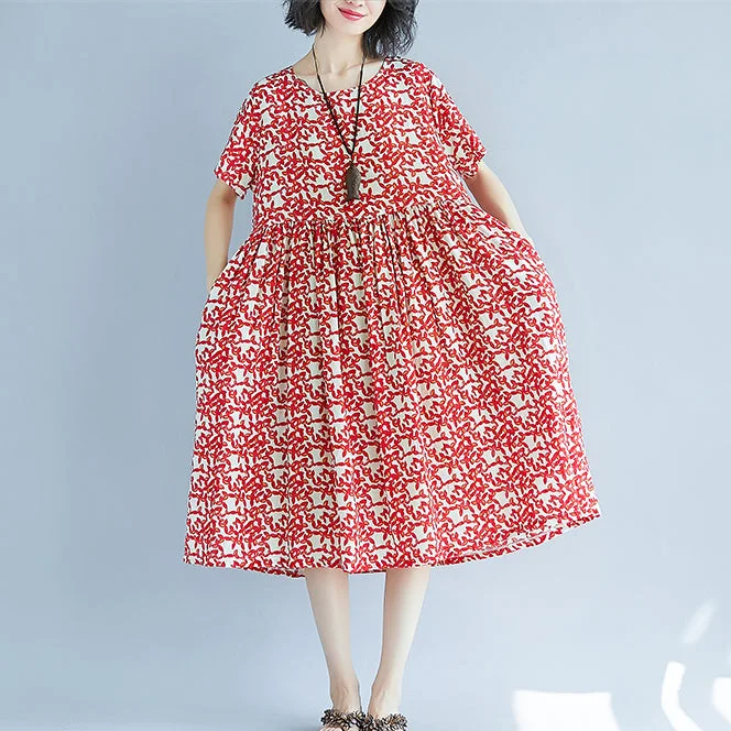 Women's Trendy Apparel fashion red linen knee dress oversized casual dress fine short sleeve floral o neck dresses