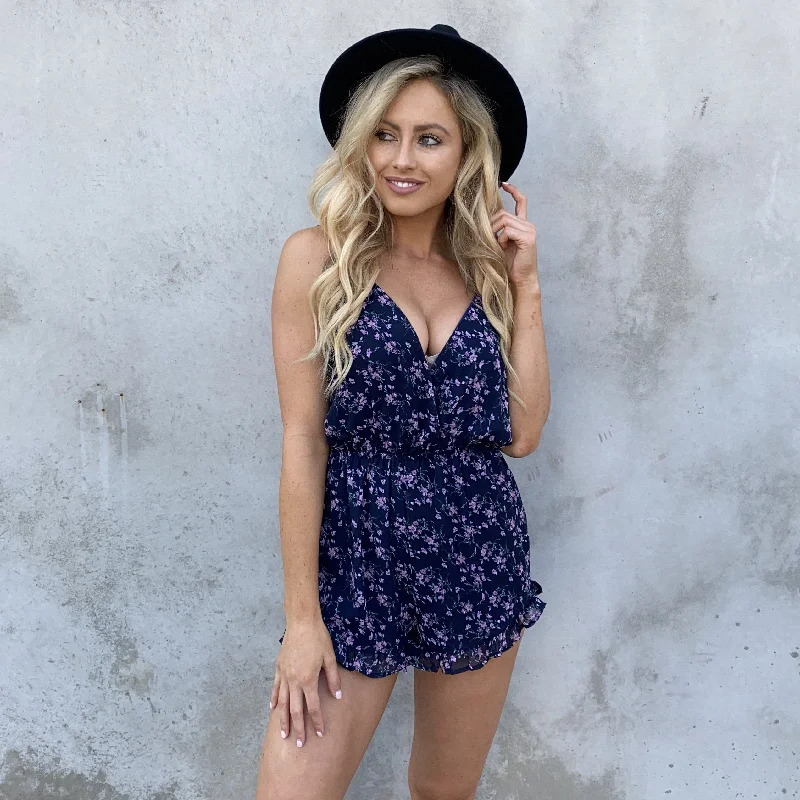 Women's Clothing For Outdoor Activities Blooming Navy Blue Floral Romper