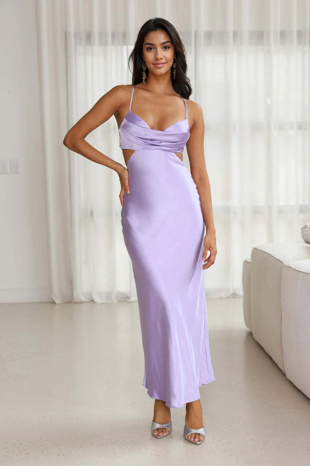 Women's Functional Outfit For Outdoor Activities Grandest Entrance Satin Maxi Dress Lilac