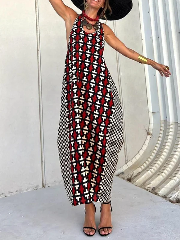 Women's Relaxed Clothes Ethnic Unique Print Lantern Graceful Cut Tank Maxi Dress