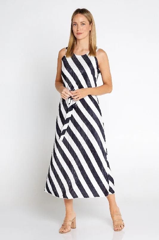 Women's Vacation Attire Divia Pleated Satin Dress - Black/White Stripe