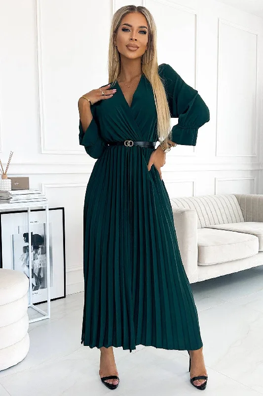 Women's Vintage Clothes Numoco Basic 462-2 SERENA Pleated maxi dress with a neckline, belt and 3/4 sleeves - green