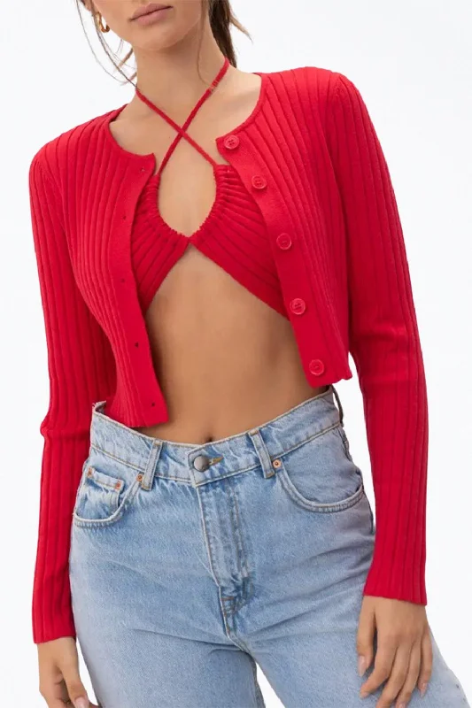 Women's Fashionable Clothing Sets Cropped Ribbed-Knit Cardigan In Red