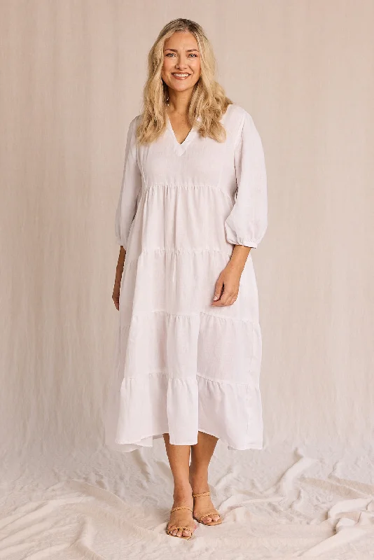 Vintage Clothing For Women Sabre Linen V-Neck Dress in White