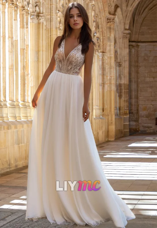 Elegant Women's Evening Garments V-Neck Sleeveless Appliques Pleated A-Line Wedding Dress