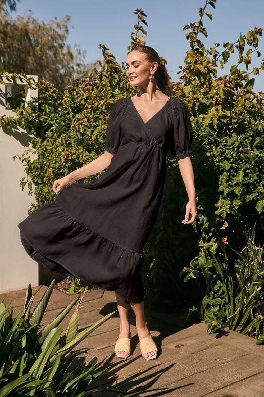 Women's Versatile Apparel Alison Linen Maxi Dress in Black