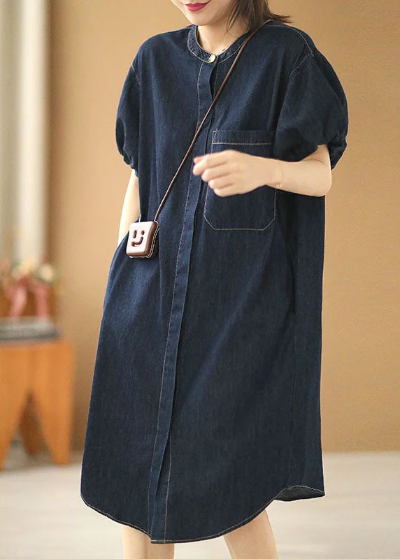 Women's Trendy Casual Outfit Plus Size Denim Blue O-Neck Pocket Solid Color Cotton Holiday Dress Puff Sleeve