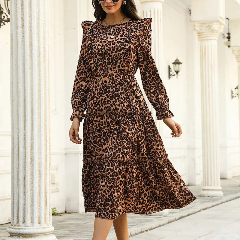 Women's Elegant Evening Outfit Elegant Fashion Women Leopard 2024 Autumn New Slim Hem Ruffle Full Sleeve Print A-line Midi Dress