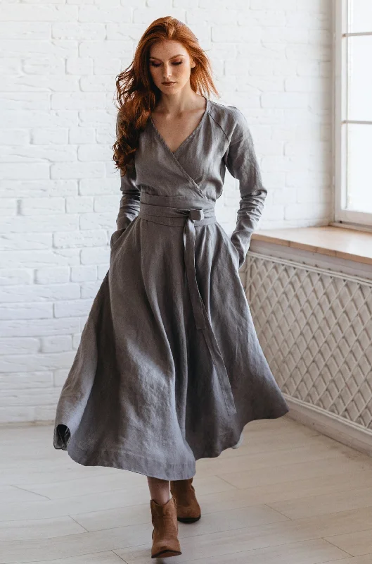 Elegant Women's Evening Garments Heavyweight Linen Dress in Midi Length