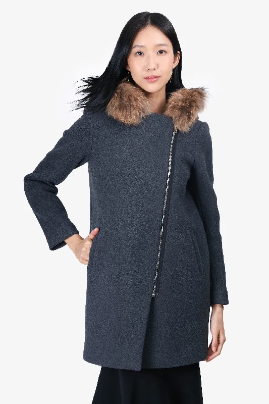 Women's Stylish Casual Garments Sandro Grey Wool/Racoon Fur Hooded Coat Size 38