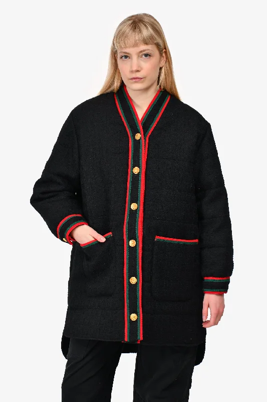 Casual Clothes For Women Gucci Black Red/Green Trim Detail Padded Tweed Coat Size 44