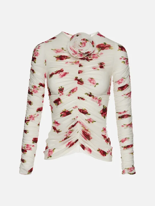 Chic Style, Always In Vogue Sheer Ruched Rose Appliqué Top in Cream Print