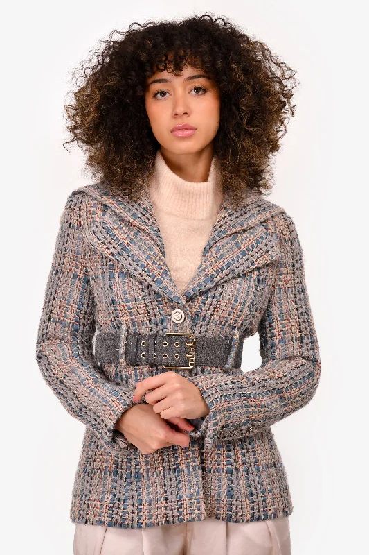 Affordable Women's Apparel Pre-Loved Chanel™ 2018 Autumn Grey/Blue Tweed Belted Jacket Size 36