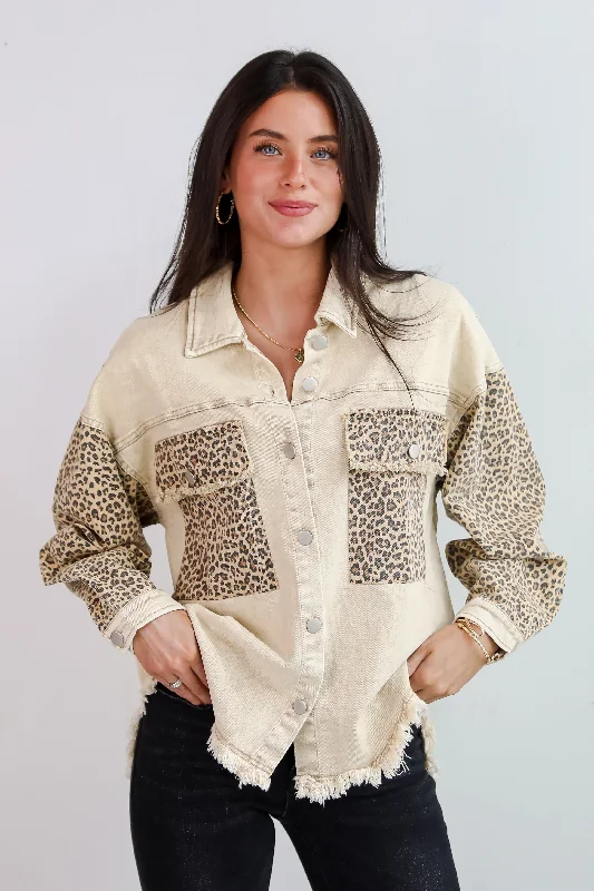 Women's Wardrobe Apparel FINAL SALE - Wildly Perfect Taupe Leopard Denim Jacket