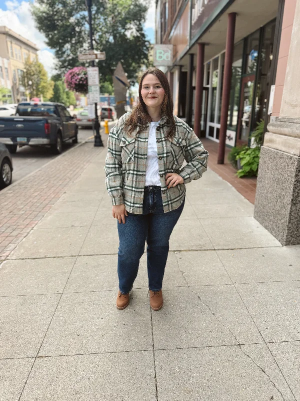 Women's Outerwear Garments Be Casual Green and Cream Plaid Shacket-Final Sale