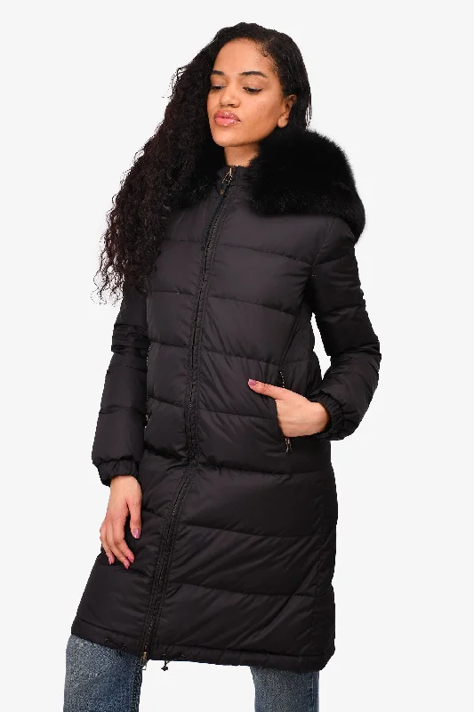 Women's Apparel And Garments Mr and Mrs Italy Black Down Mid Length Jacket with Fox Fur Trim Size XXS