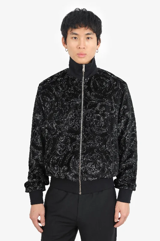 Women's Luxury Apparel Versace Black Glitter Barocco Print Jacquard Zip-up Jacket Size M Mens