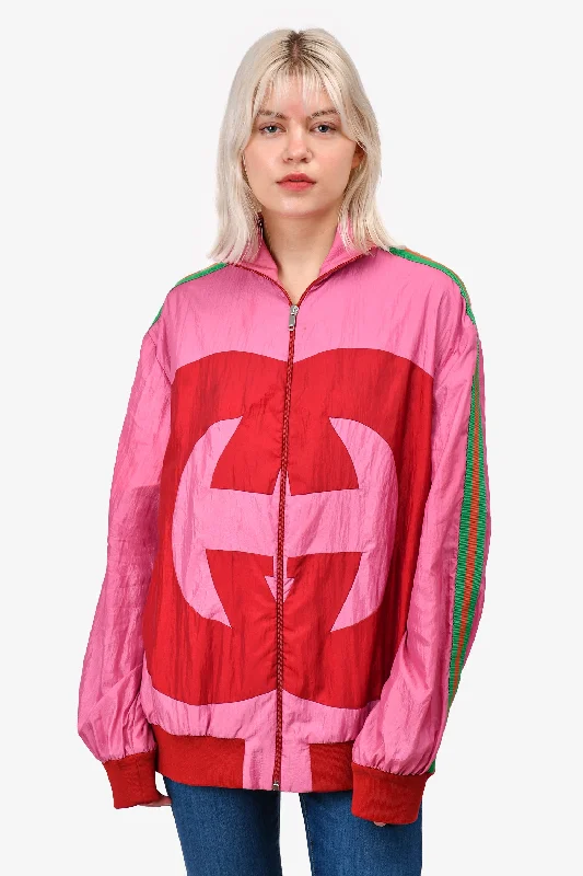 Fashionable Women's Outfit Gucci Pink/Red Web Nylon Track Zip-Up Jacket Size L