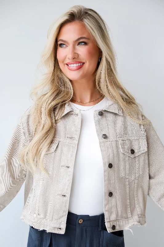 Women's Holiday Clothing FINAL SALE - Definite Icon Taupe Distressed Cropped Denim Jacket