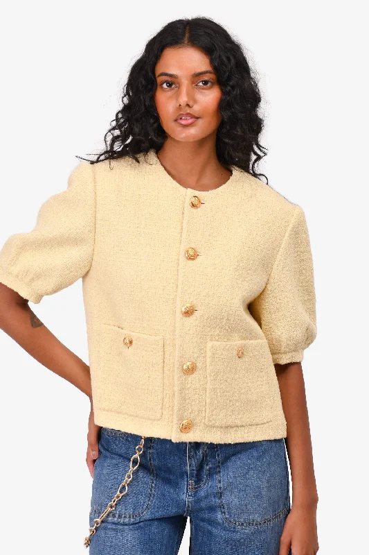 Women's Clothes For Outdoor Events Celine Yellow Wool Tweed Puffed Sleeve Jacket Size 38