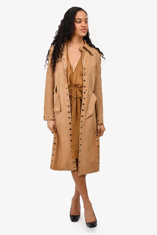 Luxury Women's Clothing Alberta Ferretti Beige Suede Long Wrap Coat with Gold Grommets Size 4 US