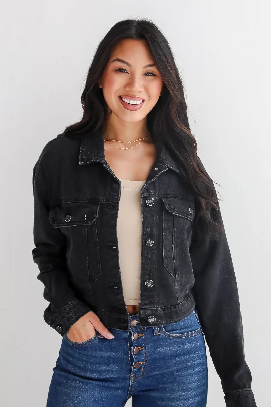 Women's Clothing Apparel Stylish Staple Black Cropped Denim Jacket