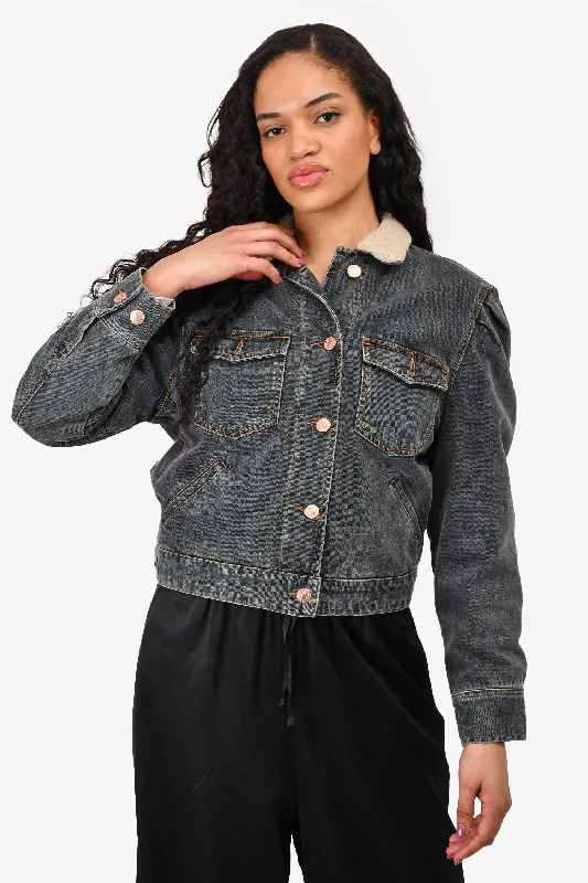 Women's Clothing Apparel Sets Isabel Marant Etoile Grey Denim Puff Sleeve 'Nolinea' Jacket with Faux Sherpa Collar Size 38