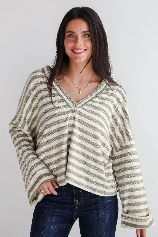 Affordable Trendy Fashion FINAL SALE - Iconic Composure Light Olive Striped Top