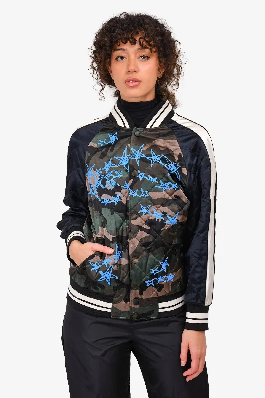 Women's Athleisure Apparel Valentino Green Camouflage/Blue Star Quilted Satin Bomber Jacket Size 34 US