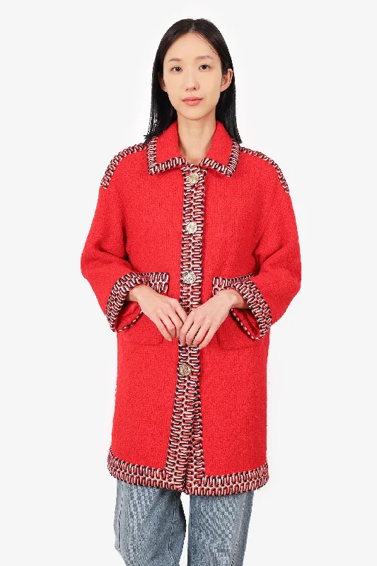 Shop Stylish Fashion At Unbeatable Prices Now Pre-Loved Chanel™ Vintage Red Tweed Braid Trim Cc-button Coat Size 40