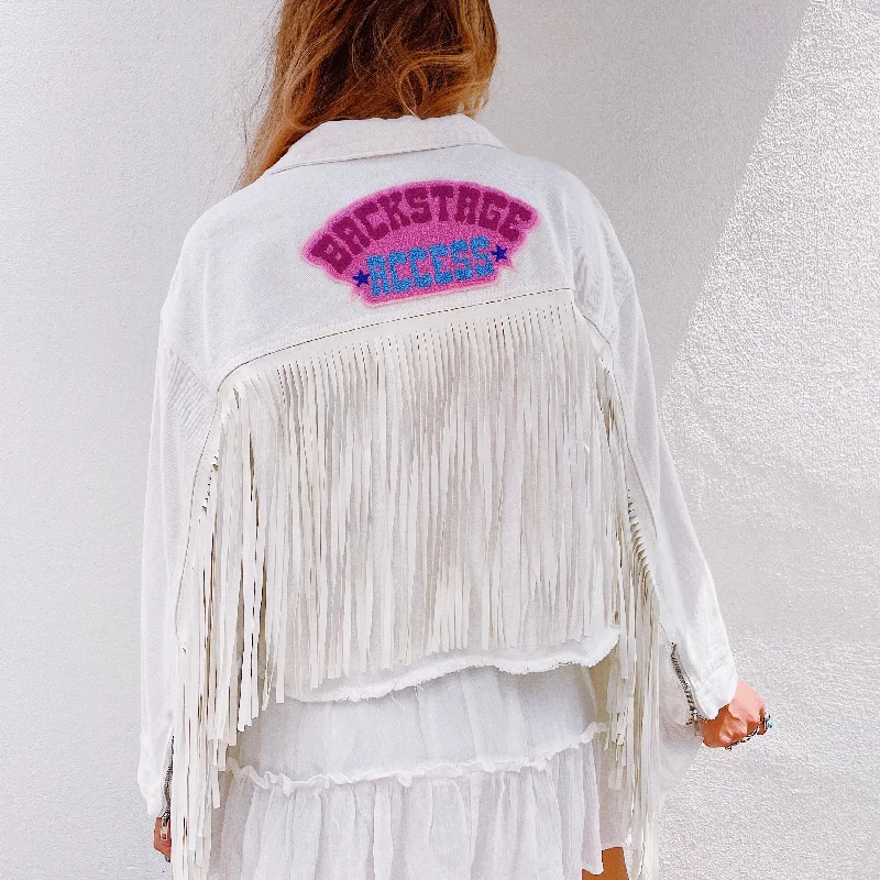 Comfortable Women's Apparel Backstage Access White Fringe Jacket